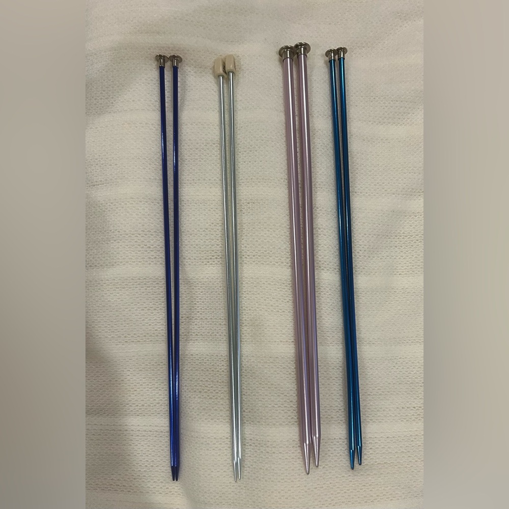 Set of 4 Colorful Metal Knitting Needles: US 7 (Susan Bates), US 6, 8, 11 (Boye)
